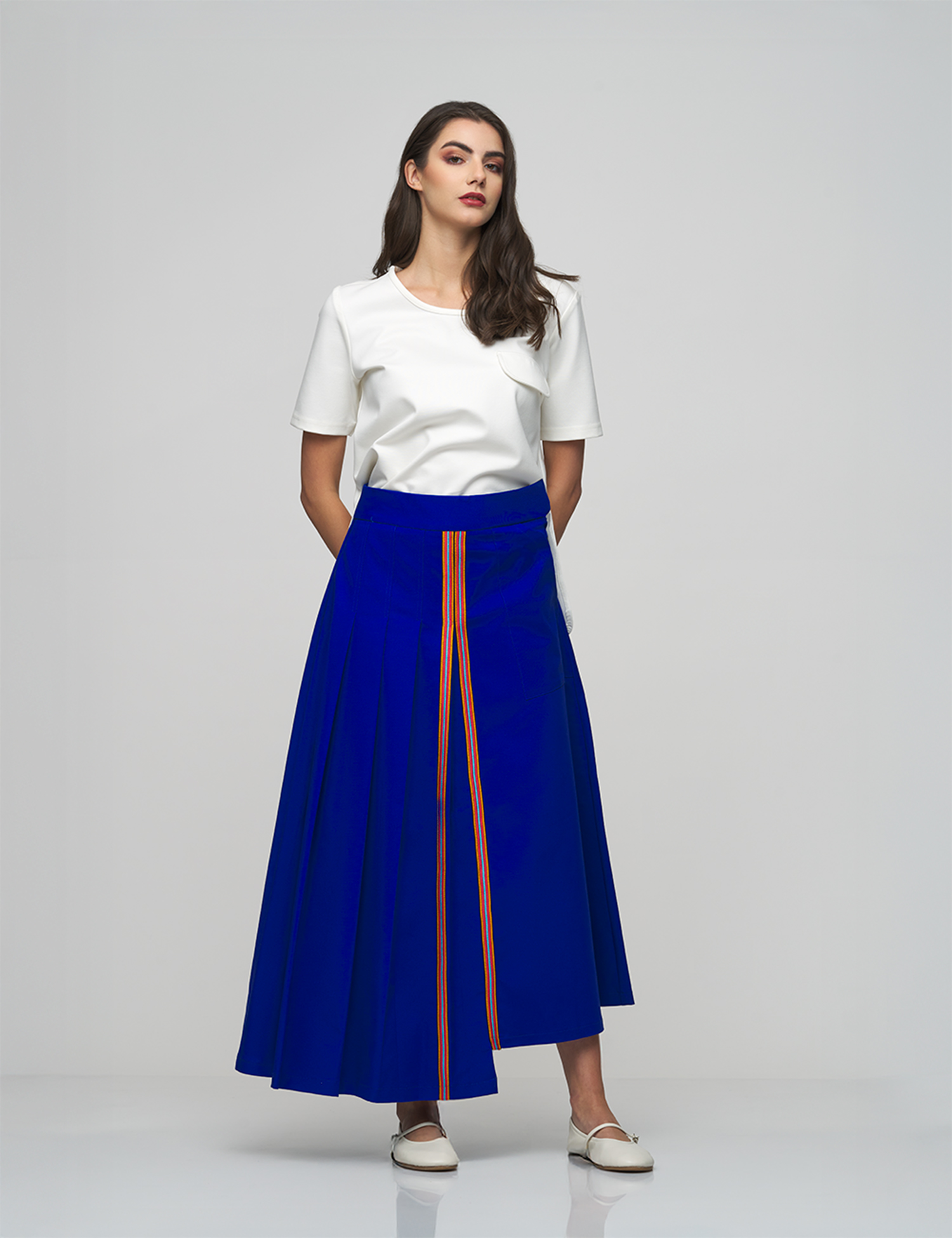 Royal Blue Pleated Skirt with Stripe Detail