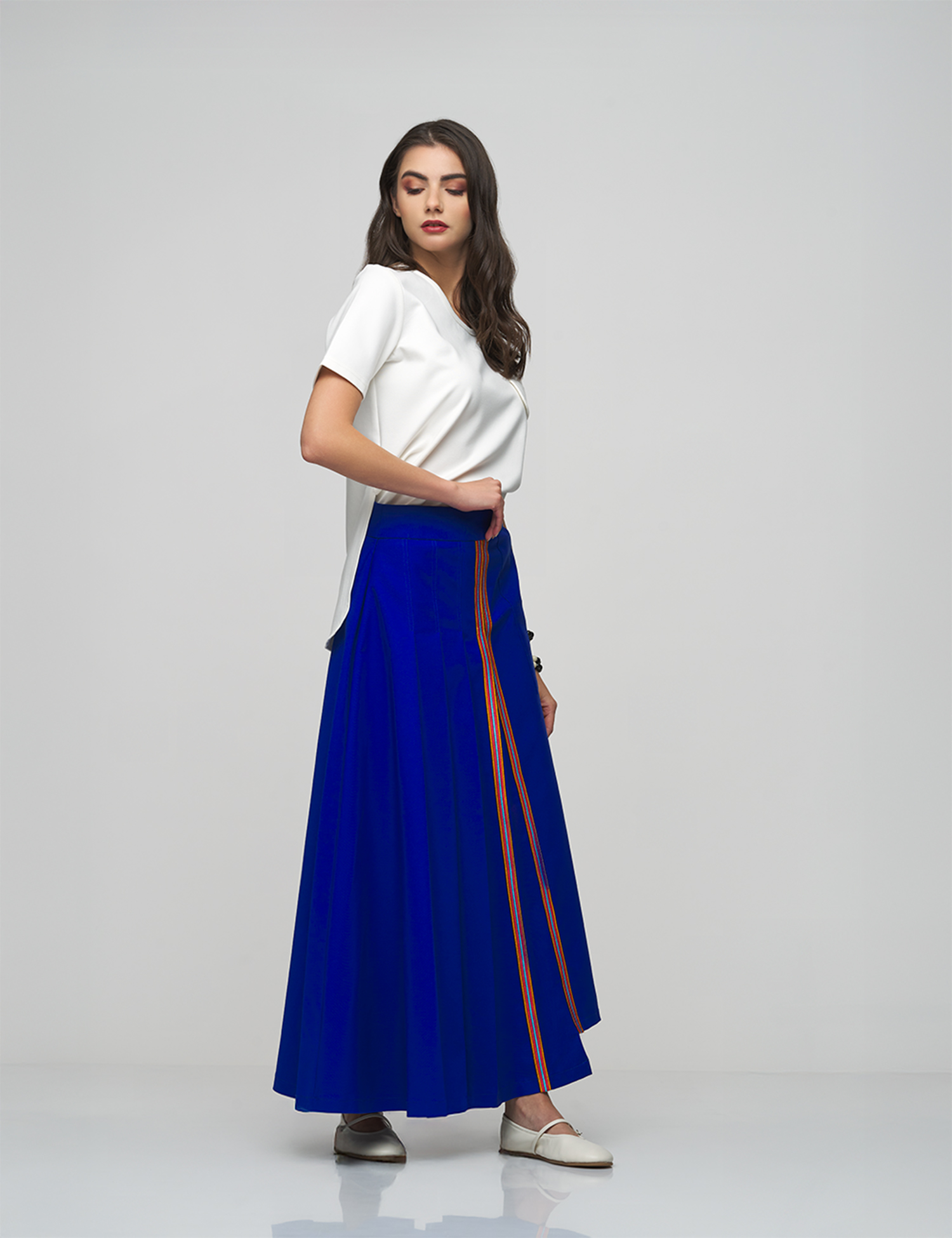 Royal Blue Pleated Skirt with Stripe Detail